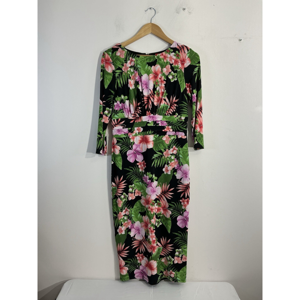 Womans Melrose 8 Floral Sheath Dress Multicolor Back Zip 3/4 Sleeve Lined Midi